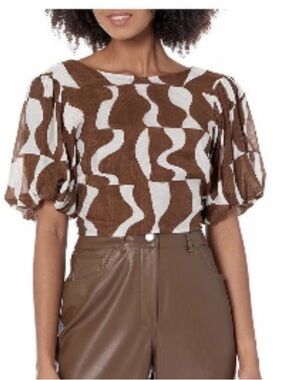 ASTR the Label Brown & White Abstract Puff-Sleeve Top